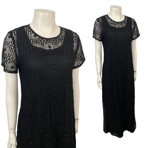 Y2K Gothic Black Sheer Mesh Maxi Dress Layered Short Sleeve / Women’s Small